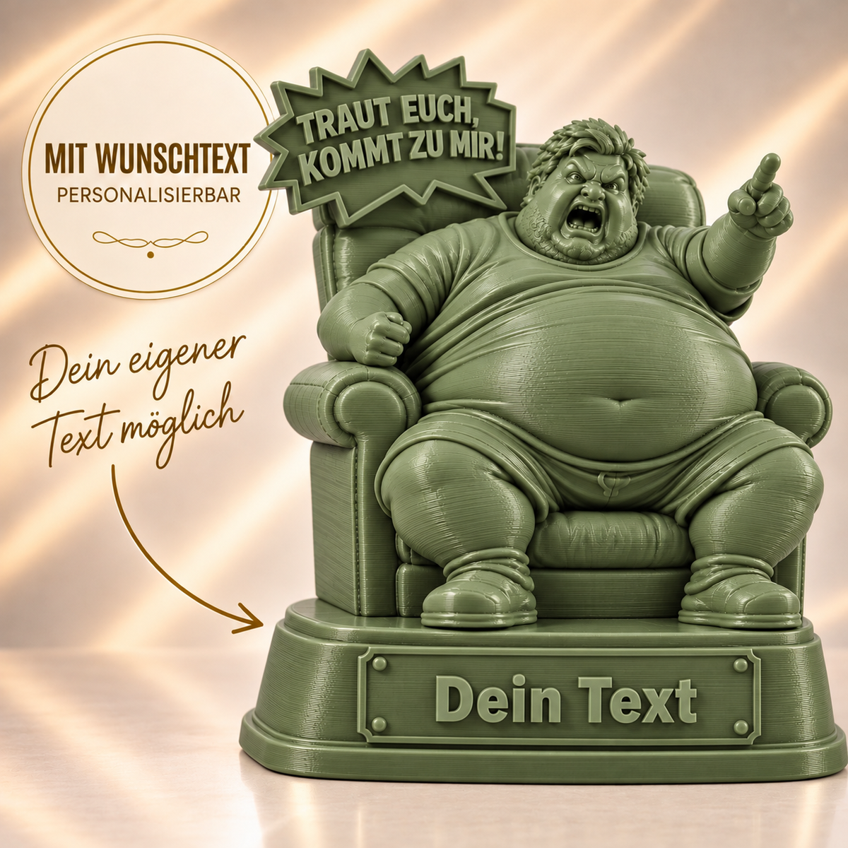„Traut euch, kommt zu mir!“ – Lustige 3D-Figur mit Wunschtext