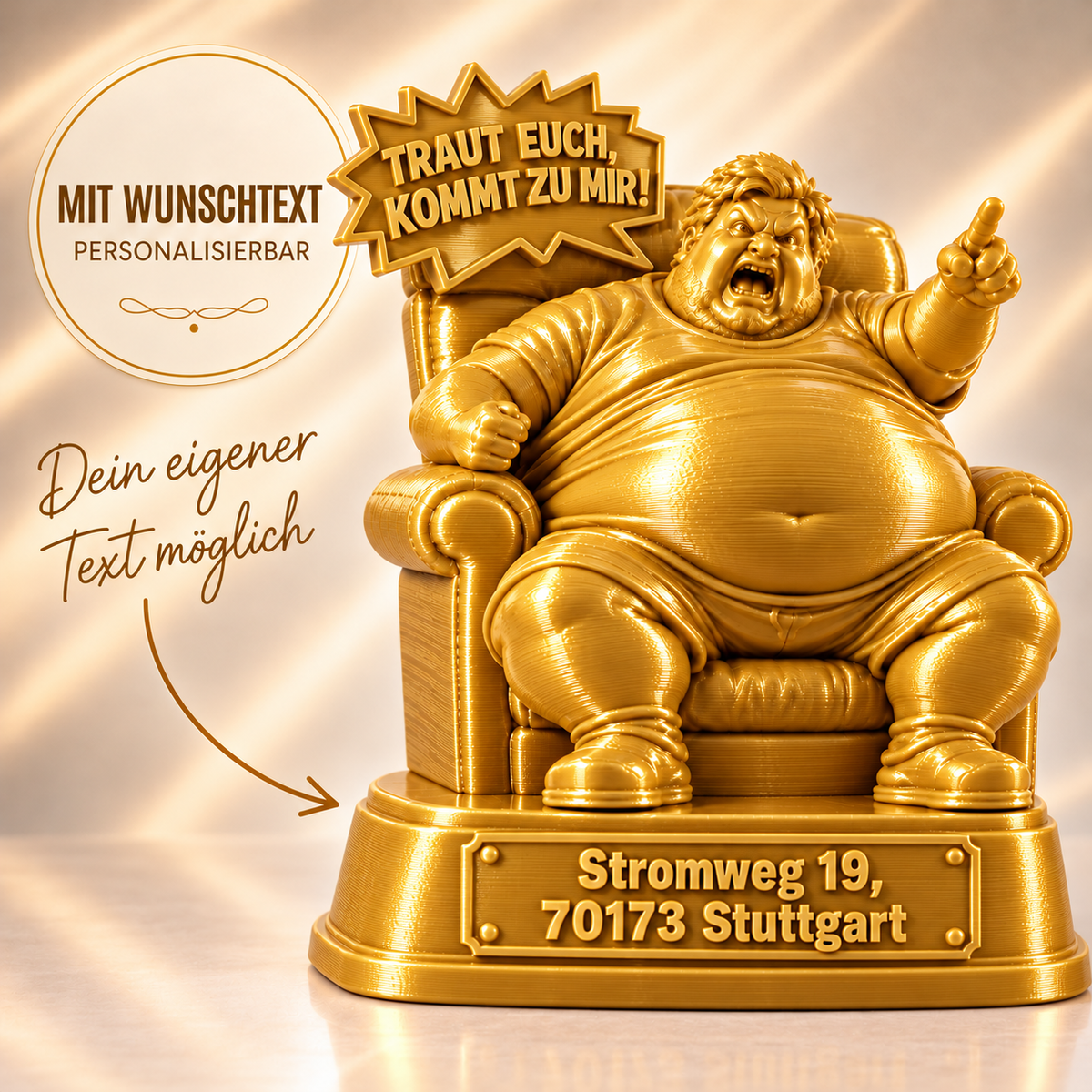 „Traut euch, kommt zu mir!“ – Lustige 3D-Figur mit Wunschtext